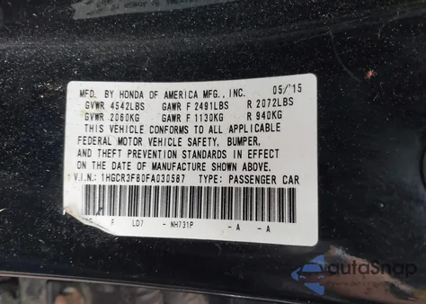 2015 Honda Accord Ex-L V-6 z USA, uszkodzony, nr VIN 1HGCR3F80FA030587